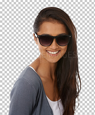 Buy stock photo Sunglasses, happy and Indian woman modern fashion on isolated, transparent or png background. Trendy, shades and female person relax, smile and confident while posing fashionable, cheerful and young