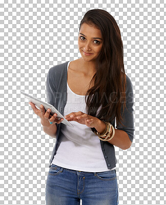 Buy stock photo Woman, portrait and digital tablet of a student isolated on a transparent, png background. Happy, female person and technology with typing and social media app on the internet and web for study