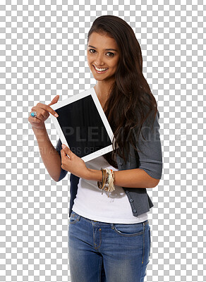 Buy stock photo Digital tablet, mockup and portrait of Indian girl showing news, deal or social media on isolated, transparent and png background. Screen, promotion and gen z female student with sale announcement