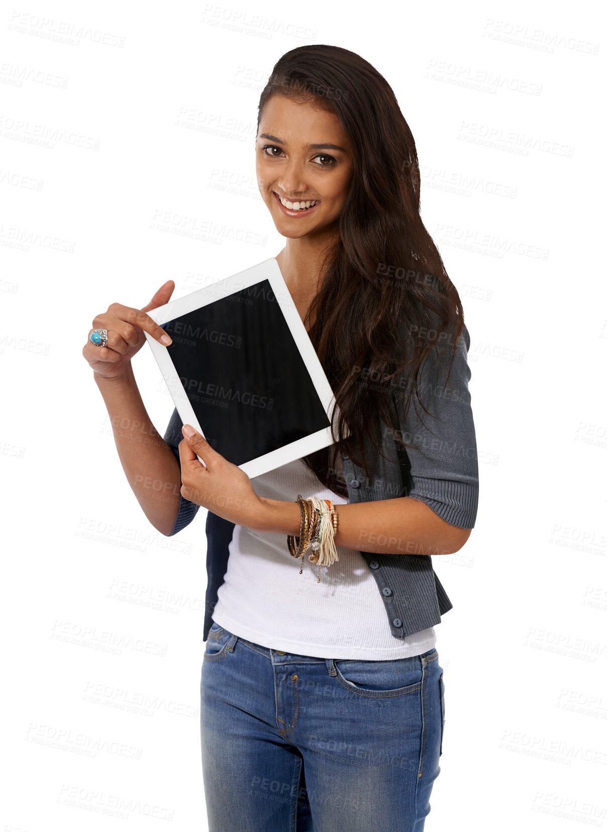 Buy stock photo Digital tablet, mockup and portrait of Indian girl showing news, deal or social media on isolated, transparent and png background. Screen, promotion and gen z female student with sale announcement