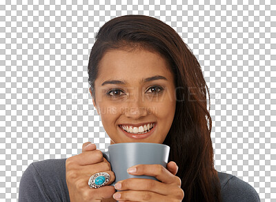 Buy stock photo Smile, coffee and portrait of woman relax on isolated, transparent and png background. Happy face, tea drink and Indian female person drinking beverage, cappuccino mug and stress free with joy