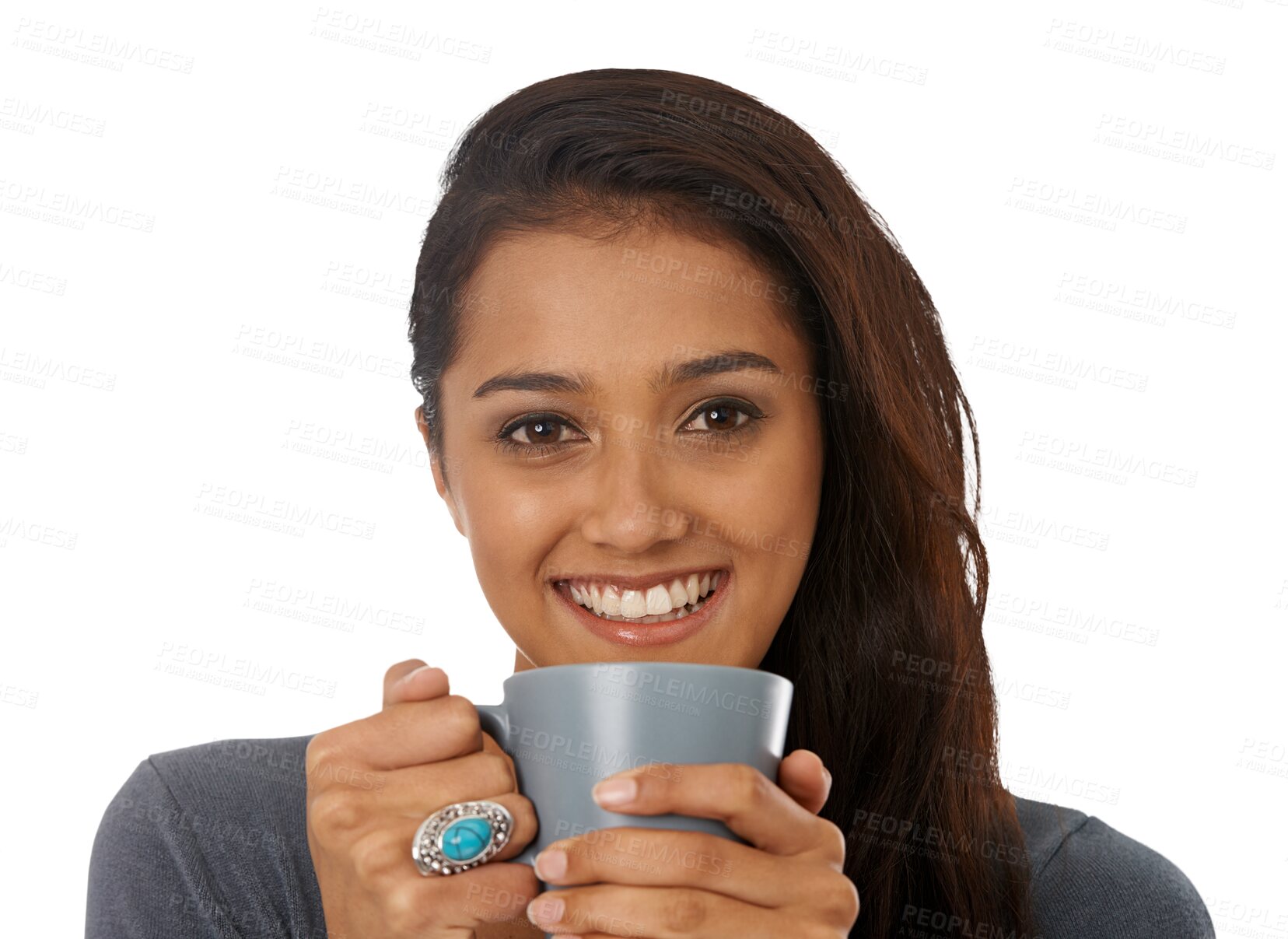 Buy stock photo Smile, coffee and portrait of woman relax on isolated, transparent and png background. Happy face, tea drink and Indian female person drinking beverage, cappuccino mug and stress free with joy