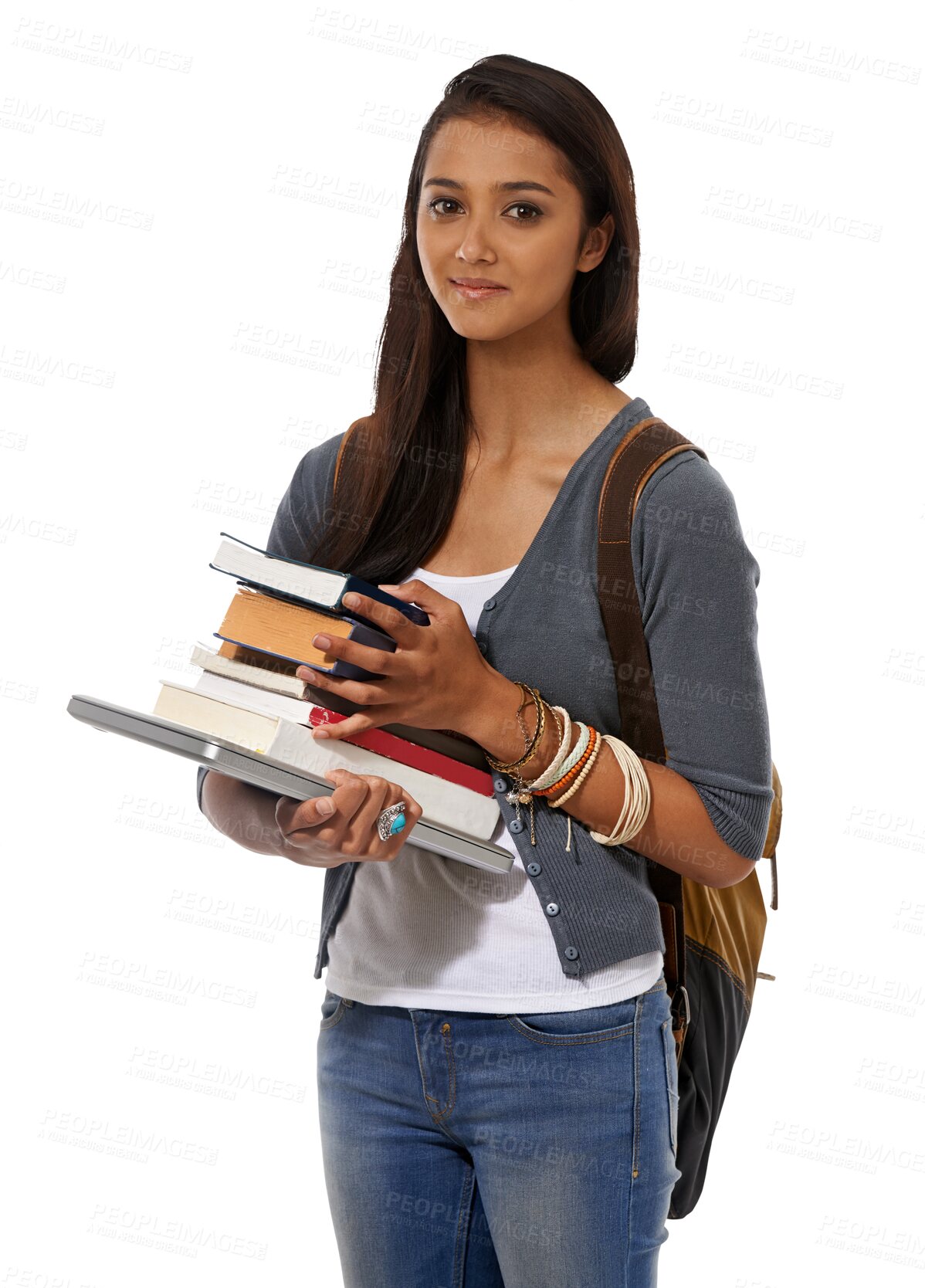 Buy stock photo Woman, books and student portrait with university and study info for exam with backpack. Young female person, computer and isolated on a transparent, png background with a smile from education