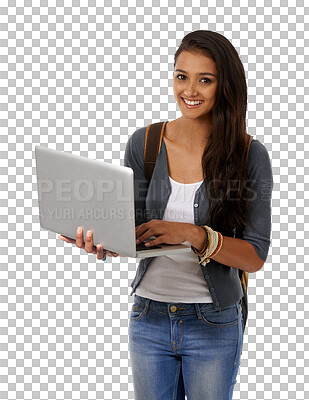 Buy stock photo Woman, laptop and portrait with university elearning and study with technology and backpack. Young female student, computer and isolated on a transparent, png background with a smile from education