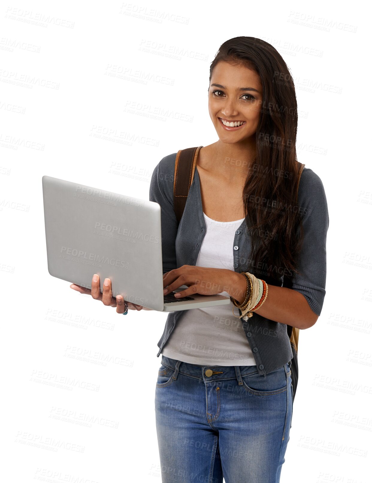 Buy stock photo Woman, laptop and portrait with university elearning and study with technology and backpack. Young female student, computer and isolated on a transparent, png background with a smile from education