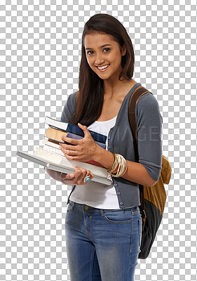 Buy stock photo Woman, books and student portrait with college and study with info and backpack. Young female person, computer and isolated on a transparent, png background with a smile from education textbook