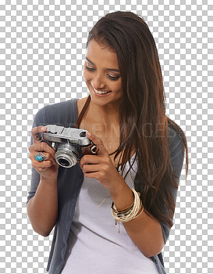 Buy stock photo Photography, camera and woman check with a smile isolated on a transparent, png background. Creative, photographer and taking a photo with a young female person feeling happy from picture on trip