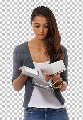 Buy stock photo Gift, empty box and woman sad over no birthday, Christmas or Valentines Day package for special days. Disappointed, problem and person upset over zero present isolated on transparent, png background