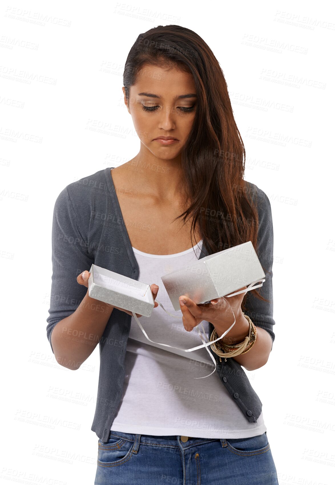 Buy stock photo Gift, empty box and woman sad over no birthday, Christmas or Valentines Day package for special days. Disappointed, problem and person upset over zero present isolated on transparent, png background