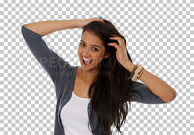 Buy stock photo Woman, hair wow and smile portrait for crazy styling isolated on a transparent, png background. Young female person, hairstyle care and beauty of a student with confidence and trendy gen z style