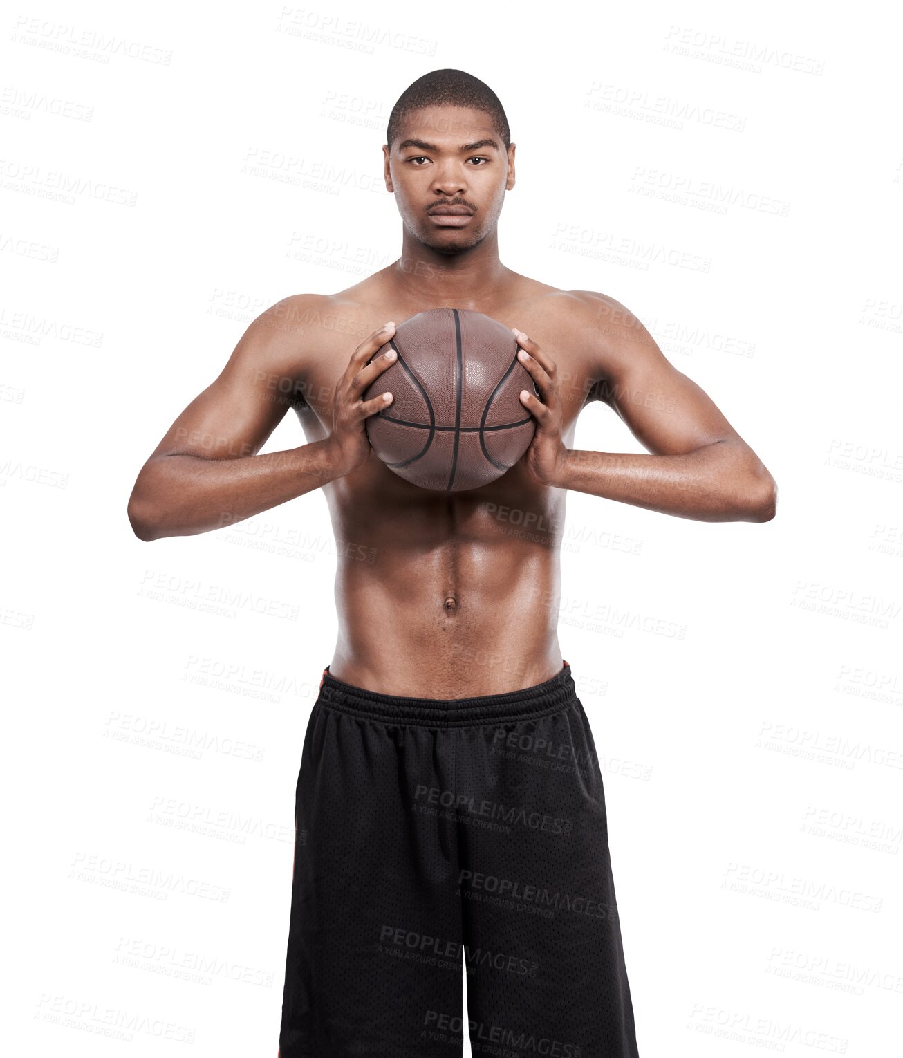 Buy stock photo Basketball player, sports portrait or black man mindset on workout challenge, competitive game or active fitness. Health exercise, ball or male African athlete isolated on transparent, png background