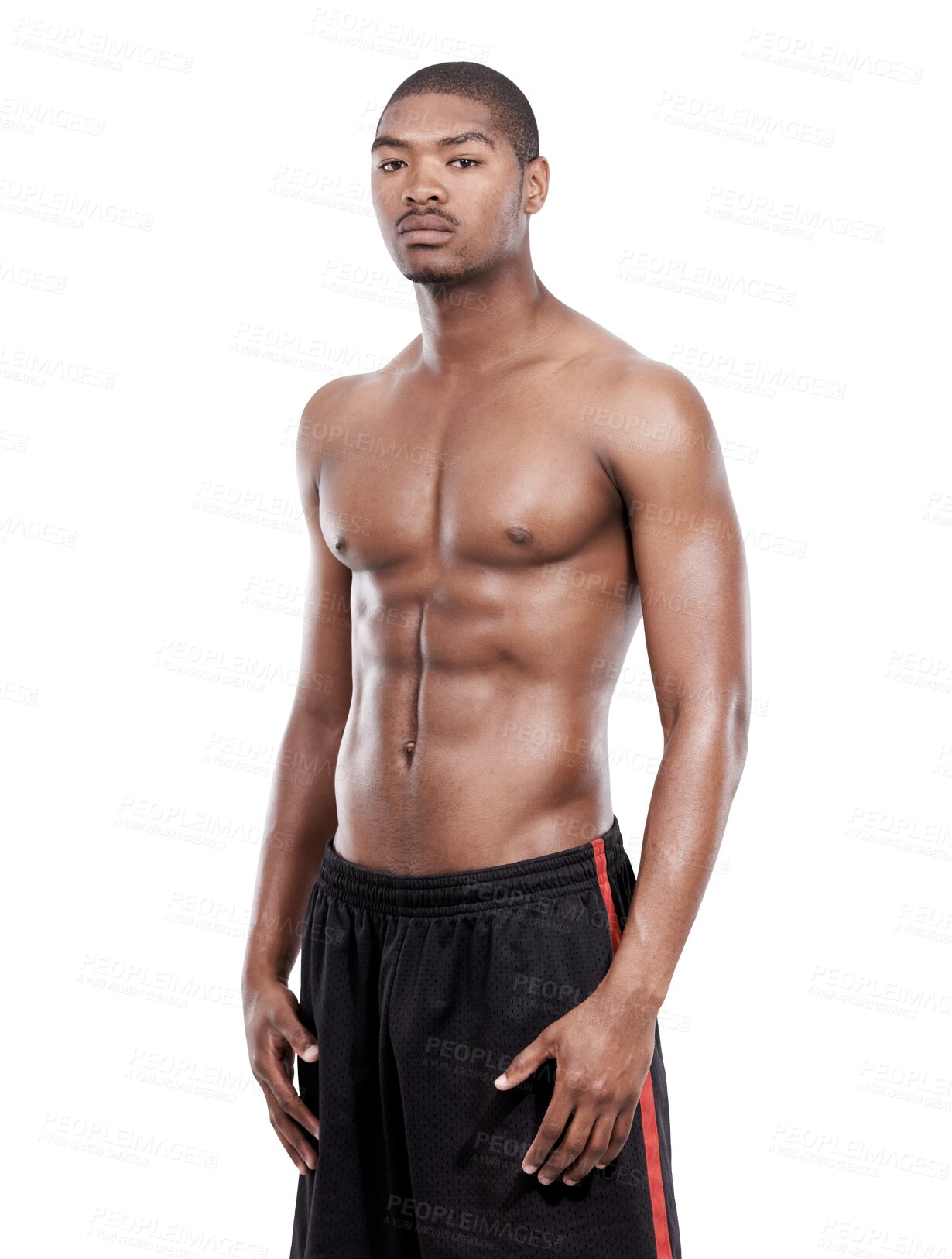 Buy stock photo Black man, fitness focus and portrait with workout, motivation and serious for exercise. African male person, body training and strong muscle isolated on a transparent, png background with abs