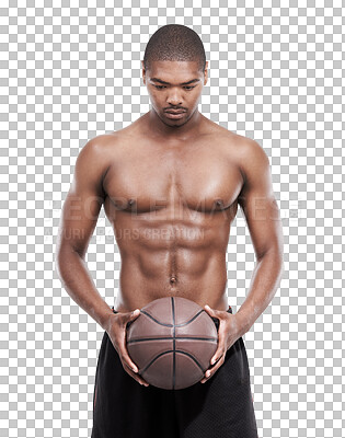 Buy stock photo Black man, training game and basketball for sport, workout and fitness with ball. Topless, African male player and serious person isolated on a transparent, png background for exercise and health