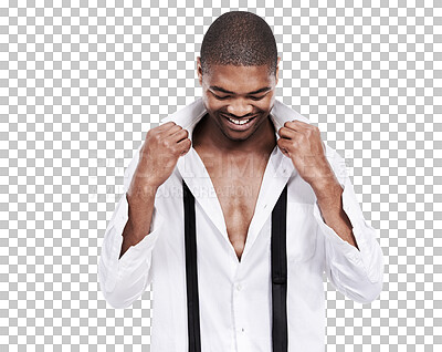 Buy stock photo Smile, fashion and black man dressing on isolated, transparent and png background. Formal, style and happy African male model posing with stylish aesthetic, outfit and trendy, cool and handsome