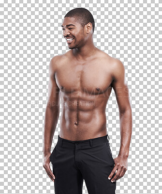 Buy stock photo Black man, fitness smile and portrait with workout, motivation and happy for exercise. African male person, body training and strong muscle isolated on a transparent, png background with abs