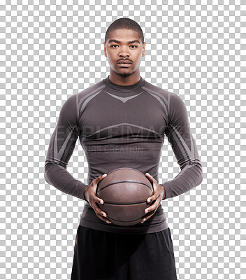 Buy stock photo Black man, ball portrait and basketball for sport, workout and fitness for a game. Athlete, African male player and serious person isolated on a transparent, png background for exercise and health