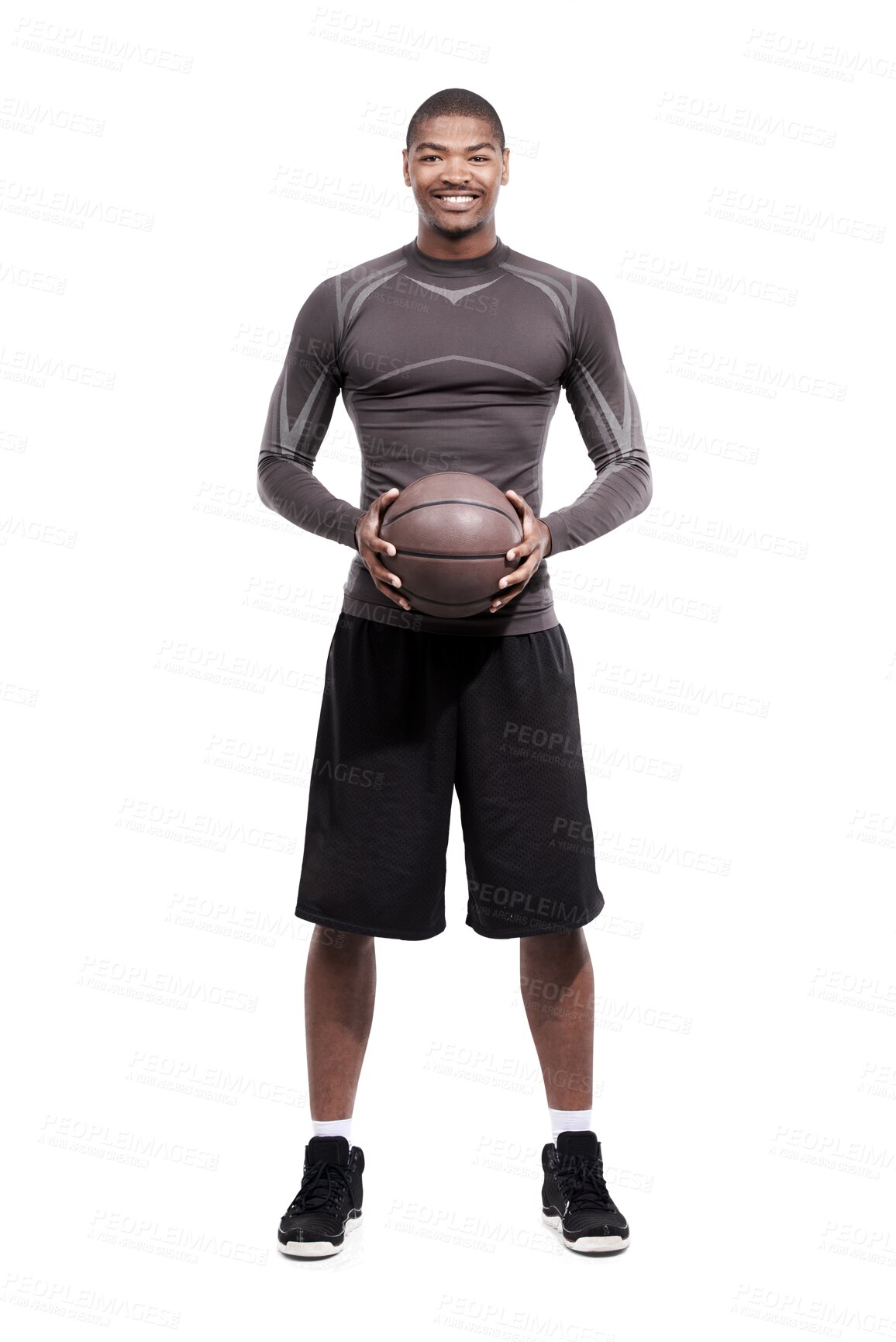 Buy stock photo Black man, smile portrait and basketball for sport, workout and fitness for a game. Ball, African male player and serious person isolated on a transparent, png background for exercise and body health