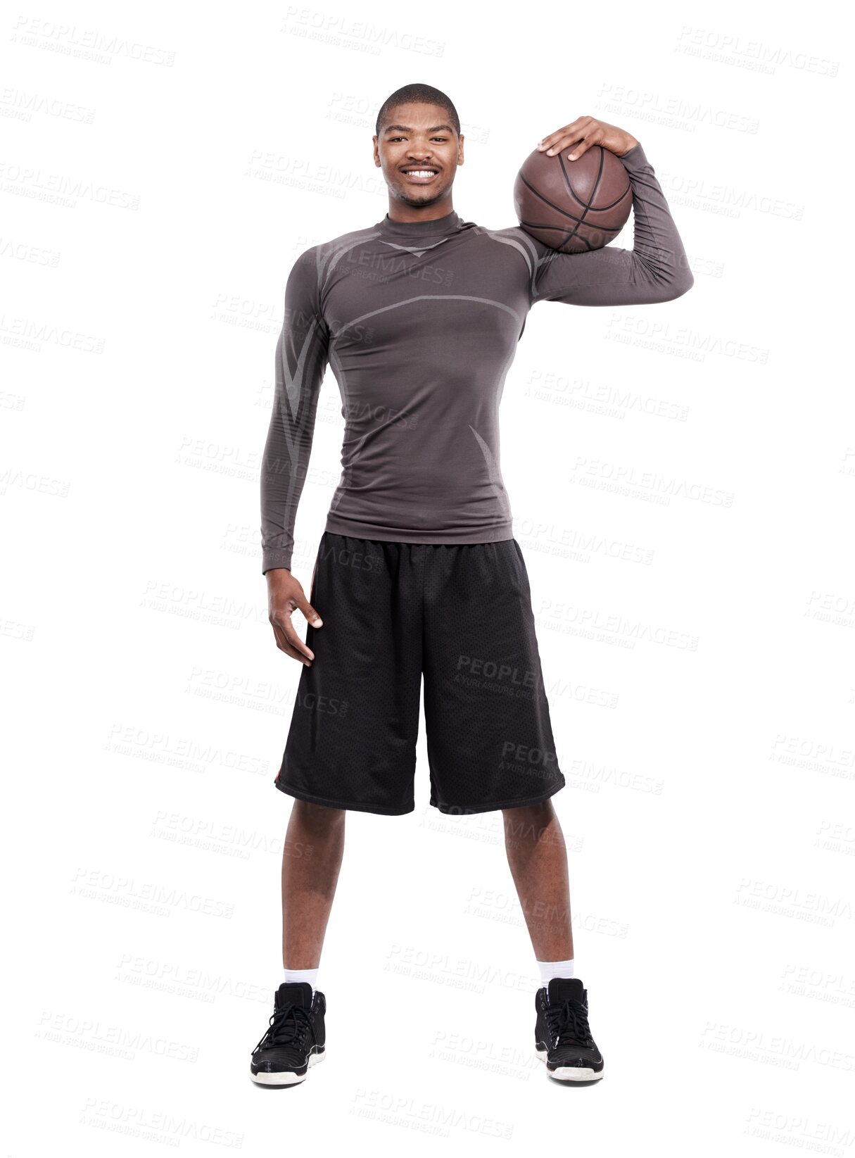 Buy stock photo Basketball smile, sports portrait and black man, athlete or player workout, training and fitness for practice match. Healthy body, happiness and African person isolated on transparent, png background