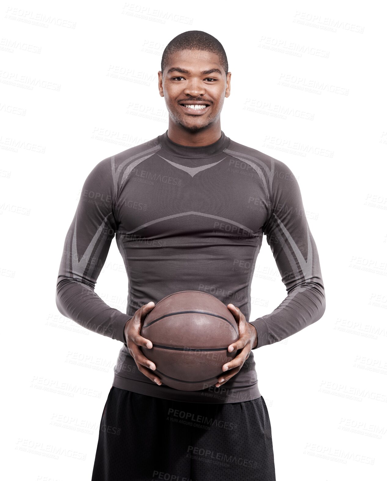 Buy stock photo Sport, portrait and happy black man with basketball for fitness on isolated, transparent or png background. Smile, face and African male player with ball for exercise, training or workout performance