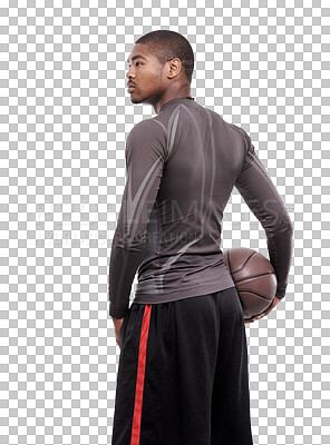 Buy stock photo Basketball player, sports training and back of black man workout for challenge, active game or fitness competition. Focus, cardio exercise and African person isolated on transparent, png background