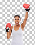 A gorgeous young woman wearing boxing gloves isolated on png background