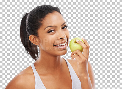 Buy stock photo Isolated woman, apple and smile in portrait for nutrition, self care or hungry by transparent png background. Girl, model and happy with healthy fruit, natural diet or choice for vegan to lose weight