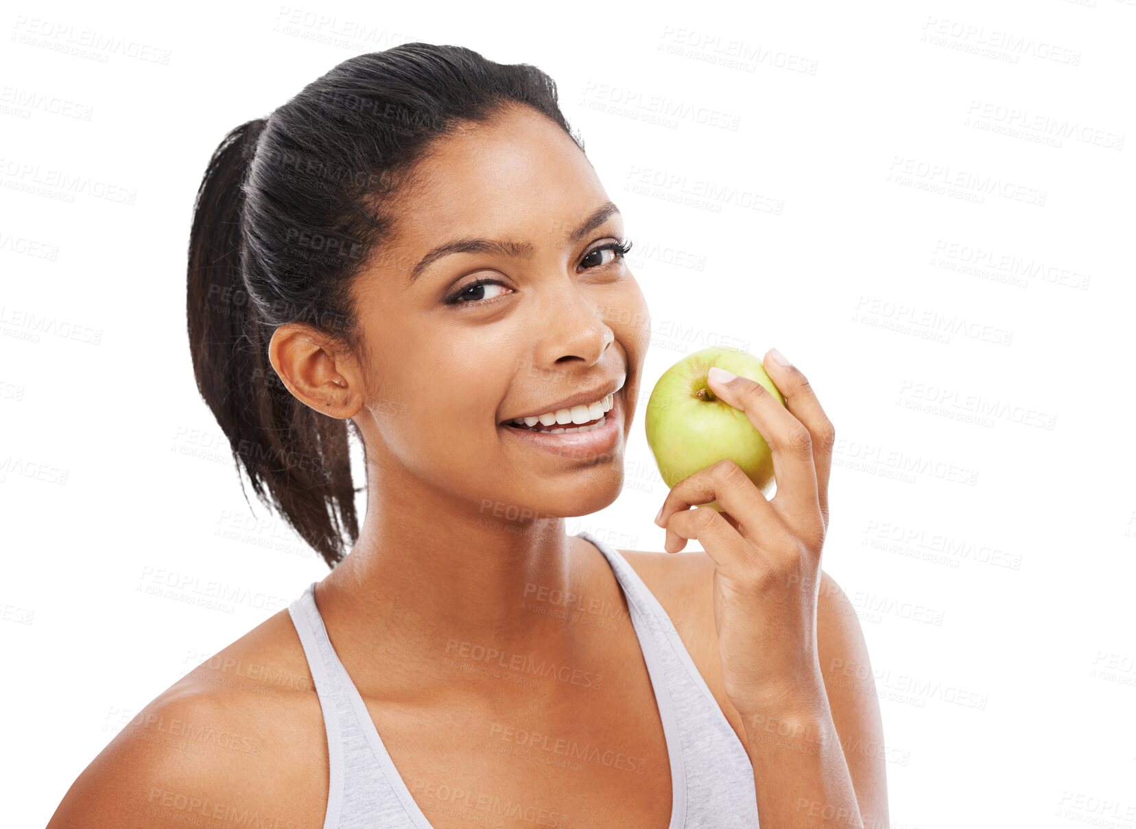 Buy stock photo Isolated woman, apple and smile in portrait for nutrition, self care or hungry by transparent png background. Girl, model and happy with healthy fruit, natural diet or choice for vegan to lose weight