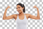 A young woman in gym clothes flexing her arms isolated on png background