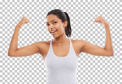 A fit young woman flexing her huge muscles with determination on