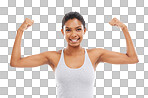 A young woman in gym clothes flexing her arms isolated on png background