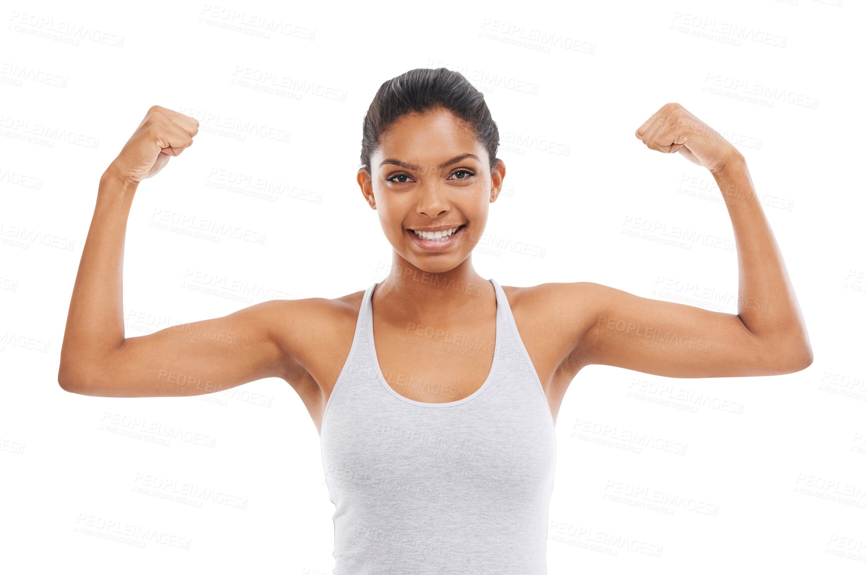 Buy stock photo Power, fitness and portrait of woman flexing arms isolated on transparent png background for muscle building tips. Health, wellness and exercise with Indian athlete or sports model girl with arm flex