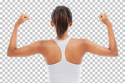 Buy stock photo Fitness, woman flexing arms from back and isolated on transparent png background for muscle building tips. Health, wellness and exercise with athlete or sports model girl with arm flex from behind.