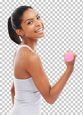 Buy stock photo Isolated woman, dumbbell and arm in portrait for fitness, self care or training by transparent png background. Girl, model and bodybuilder with weightlifting, exercise and workout for muscle growth