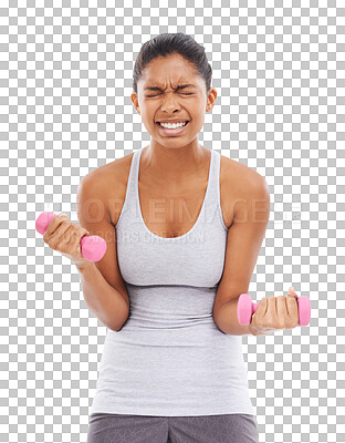 Buy stock photo Dumbbell workout, difficult and woman doing gym exercise, sports fitness or bodybuilding for healthy muscle growth. Training, resilience and determined person isolated on transparent, png background