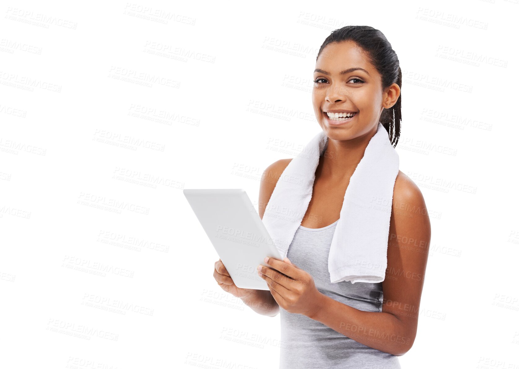 Buy stock photo Isolated woman, tablet and portrait for exercise video with smile, search and health by transparent png background. Girl, model and happy with touchscreen for fitness, advice or social network app