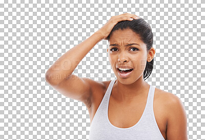 Buy stock photo Portrait, surprise and woman with fitness, exercise and model isolated against a transparent background. Face, female person and athlete shocked, announcement and png with health, progress and sports