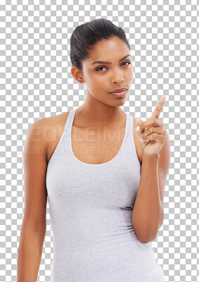 Buy stock photo Fitness portrait, pointing and woman gesture at active lifestyle, healthy workout tips or exercise promotion. Training service info, wellness and person point isolated on transparent, png background