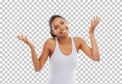 Buy stock photo Portrait, shrug and woman with fitness, smile and model isolated against a transparent background. Face, female person and athlete with doubt, challenge and confusion with exercise, png and decision