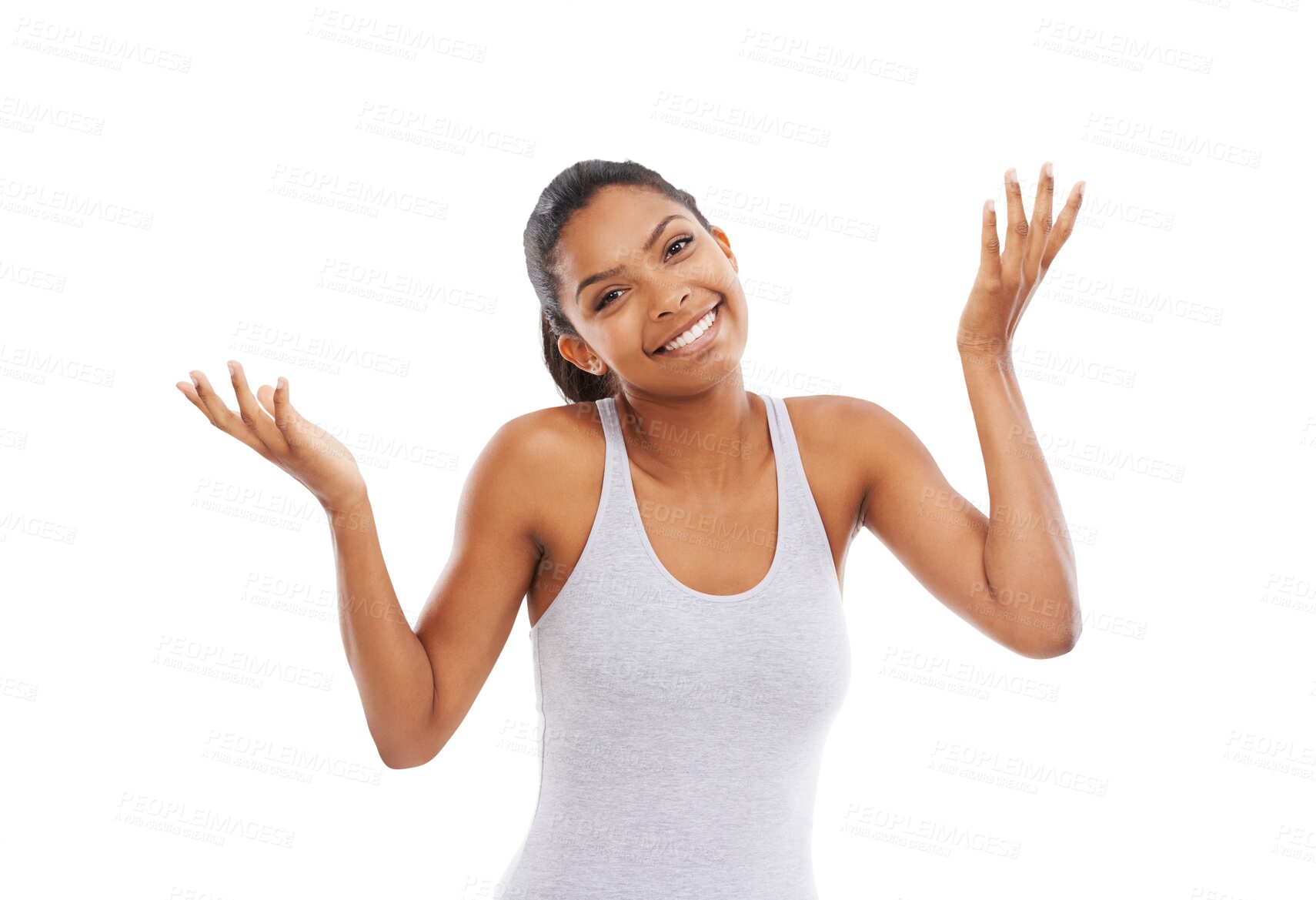 Buy stock photo Portrait, shrug and woman with fitness, smile and model isolated against a transparent background. Face, female person and athlete with doubt, challenge and confusion with exercise, png and decision