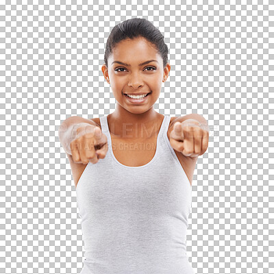 Buy stock photo Isolated woman, point and you for exercise, portrait and gym recruitment by transparent png background. Girl, model or personal trainer with choice, selection and sign for decision with excited smile