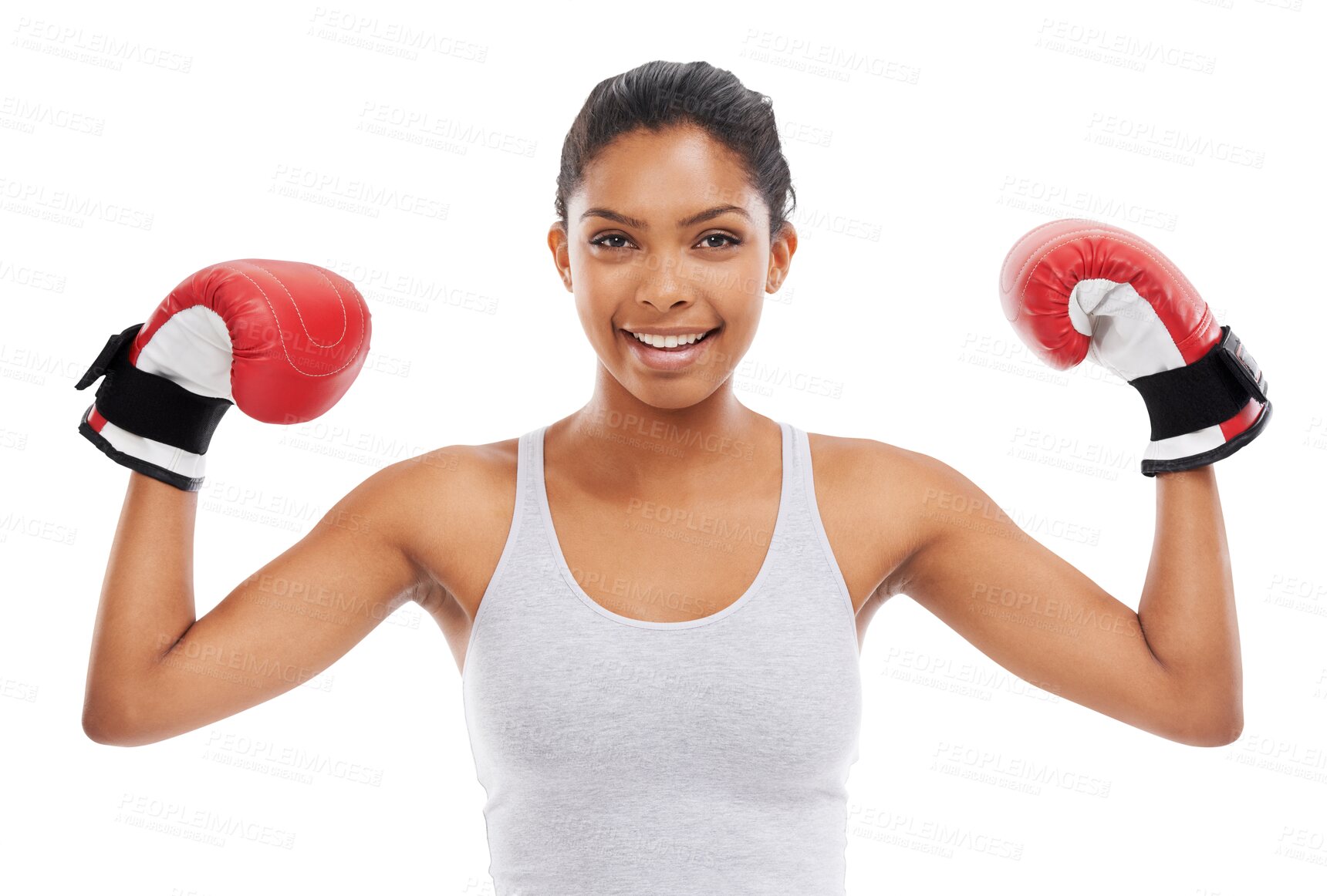 Buy stock photo Isolated boxing woman, flex and portrait with smile, sport or fitness by transparent png background. Happy boxer girl, martial arts athlete and strong arms for fight competition, exercise or workout