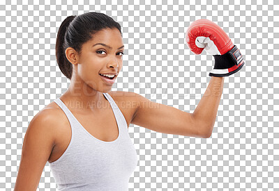 Buy stock photo Isolated boxing woman, flexing and portrait with smile, sport or fitness by transparent png background. Happy boxer girl, martial arts athlete and strong arms for fight contest, exercise or workout