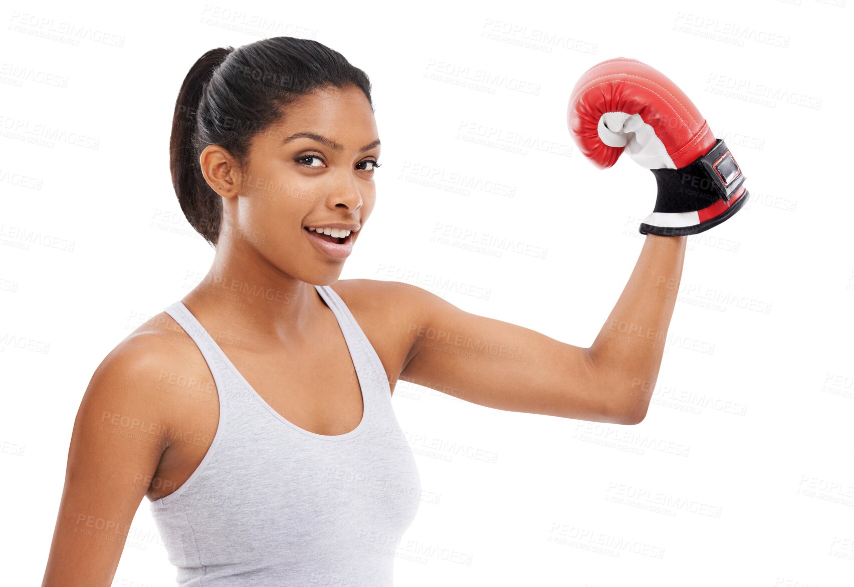 Buy stock photo Isolated boxing woman, flexing and portrait with smile, sport or fitness by transparent png background. Happy boxer girl, martial arts athlete and strong arms for fight contest, exercise or workout