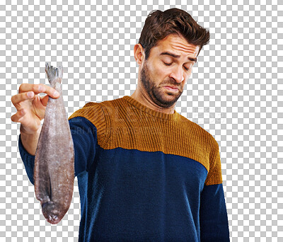 Buy stock photo Fish smell, dirty and man holding product isolated on a transparent, png background. Dead seafood, funny stink and male person with comedy and prank feeling disgust from smelly food with humor