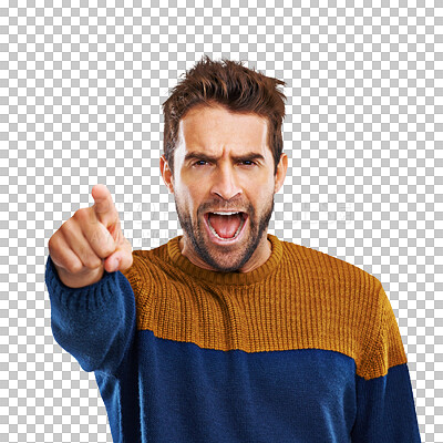 Buy stock photo Hand, pointing and portrait of angry man shouting on isolated, transparent and png background. Face, scream and frustrated male person with finger gesture for warning, threat or conflict reaction