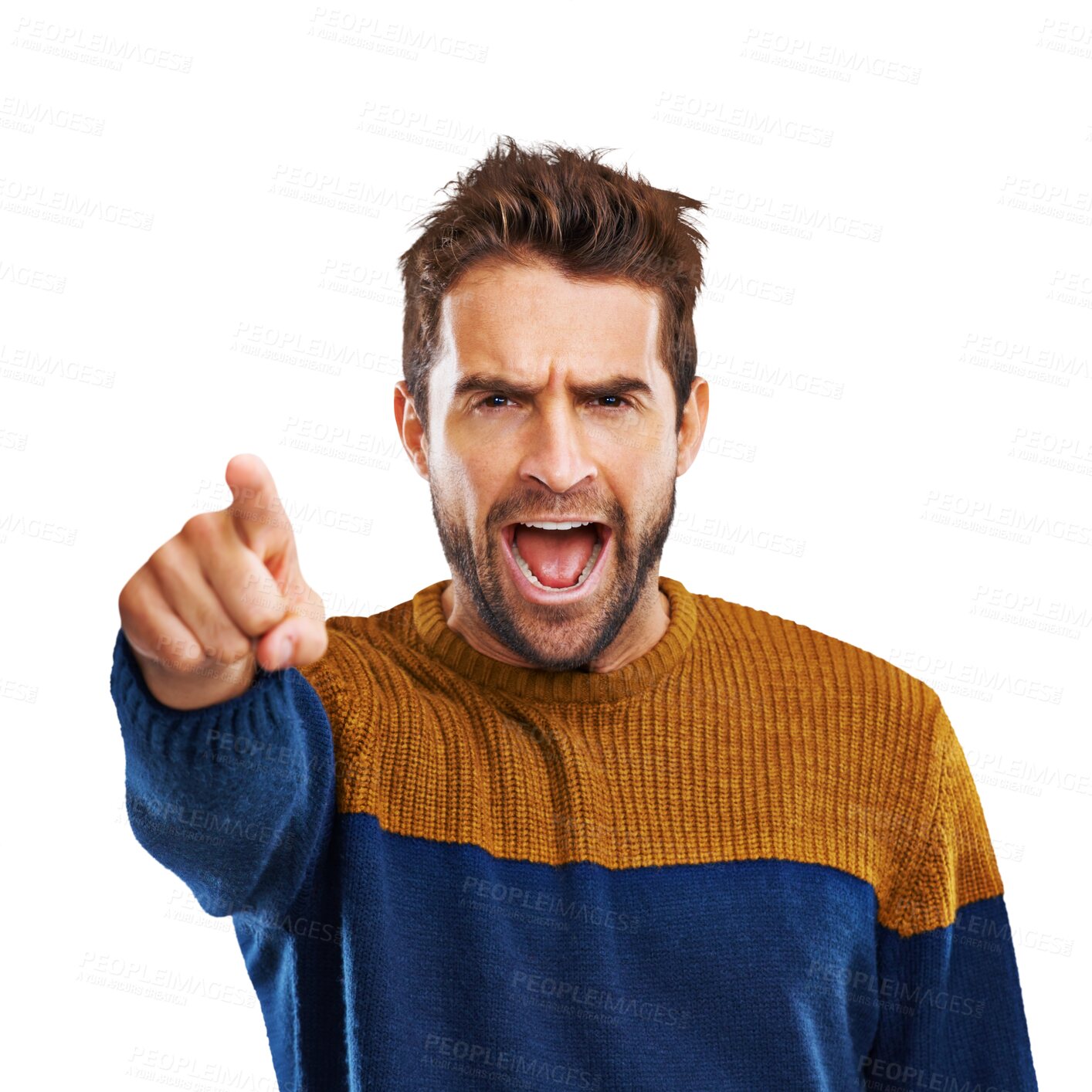 Buy stock photo Hand, pointing and portrait of angry man shouting on isolated, transparent and png background. Face, scream and frustrated male person with finger gesture for warning, threat or conflict reaction