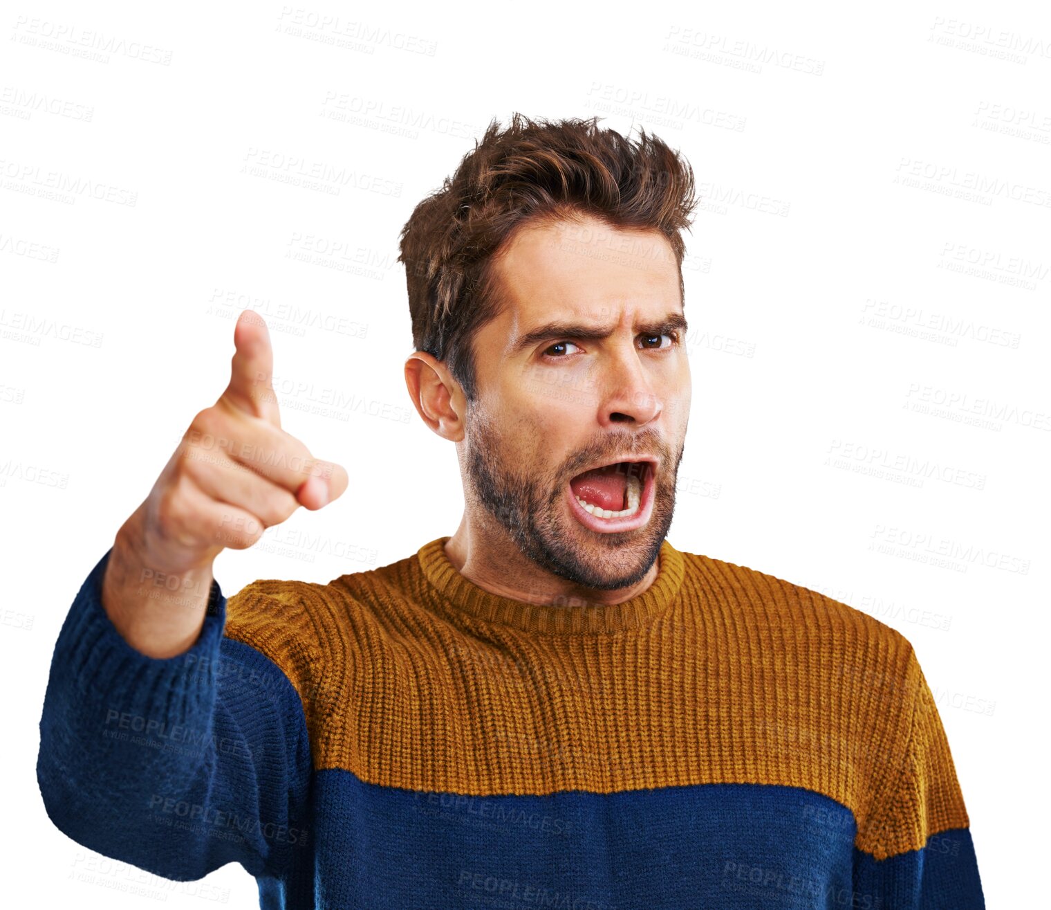 Buy stock photo Portrait, hand and pointing by angry man shouting on isolated, transparent and png background. Face, scream and frustrated male person with finger gesture for warning, threat or conflict reaction
