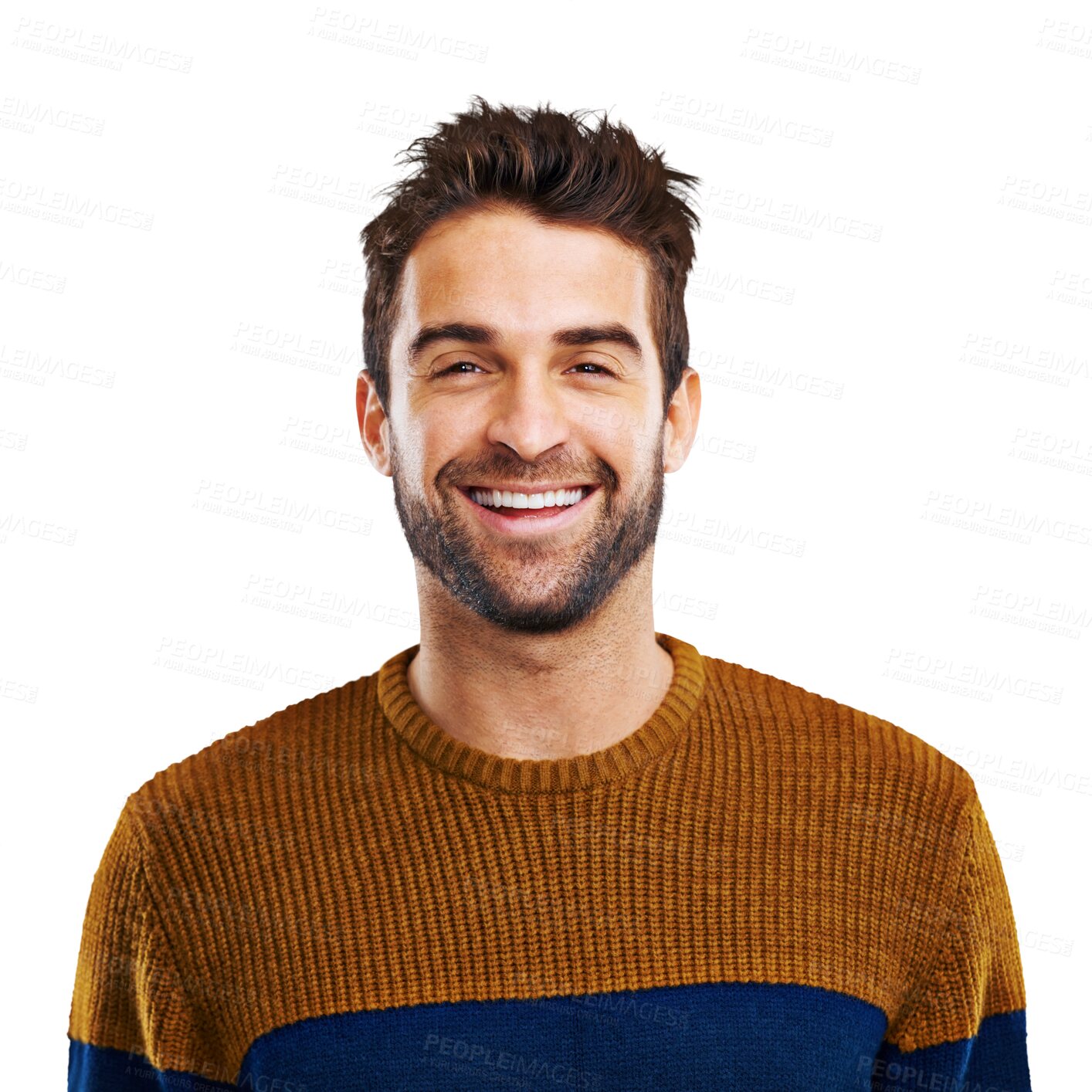 Buy stock photo Man, happy and handsome face with joy for funny joke isolated on a transparent, png background. Portrait, smile and young male person with  modern jersey with fashion and trendy style feeling cool