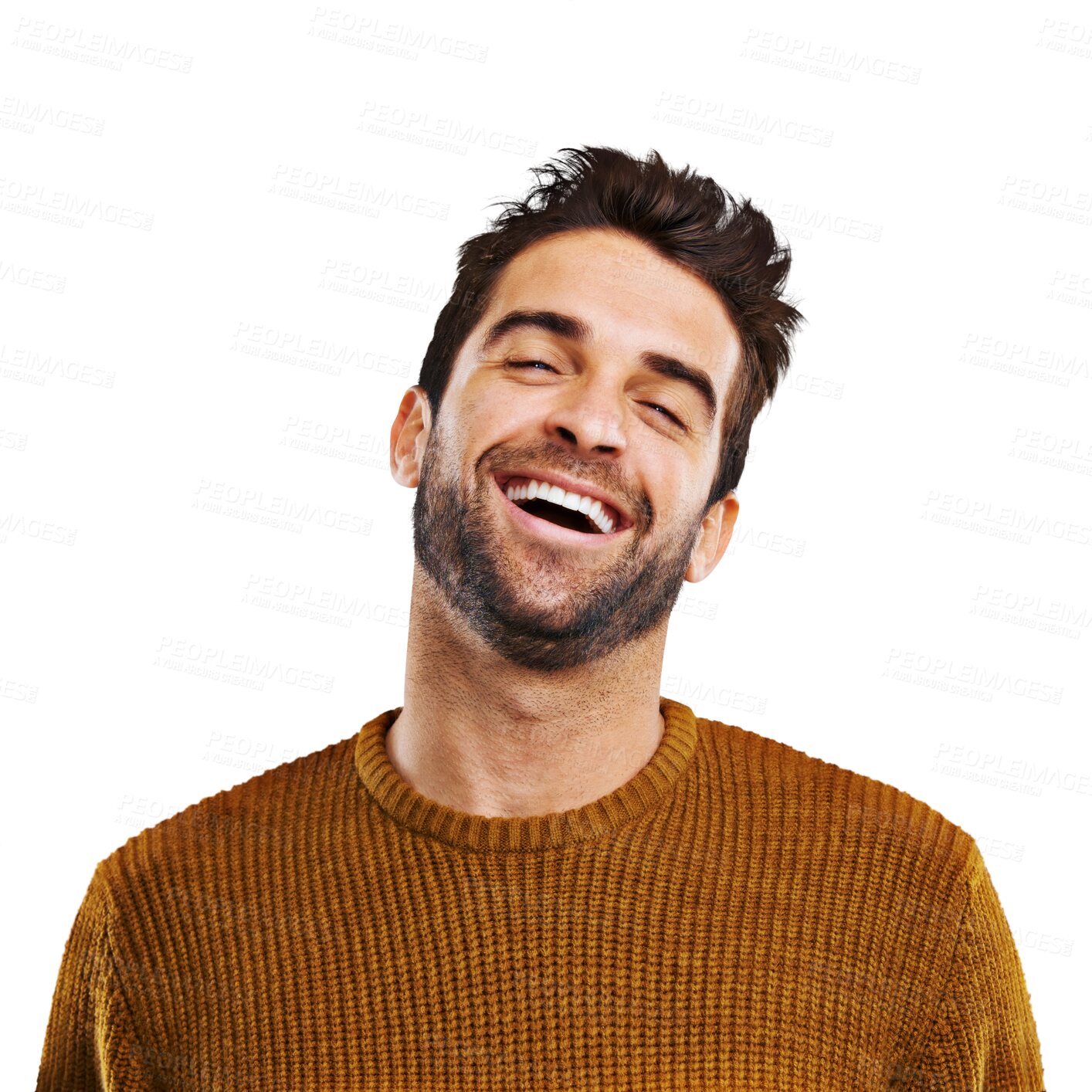 Buy stock photo Man, laughing face and comic with funny joke isolated on a transparent, png background. Happy, smile and young male person with comedy and modern joy with silly and crazy humor feeling goofy