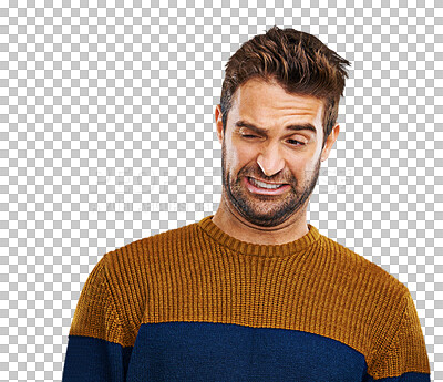 Buy stock photo Disgust, face and man with expression to gross announcement on isolated, transparent and png background. Ew, reaction and male person showing ew, smirk or emoji to tmi, gossip or bad news rumor